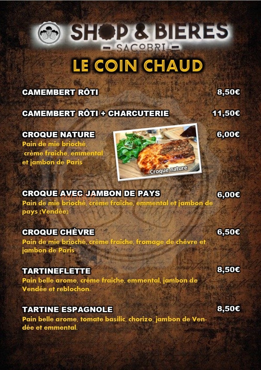 Carte et menu de Shop & Bières Sacobri à Chalons en Champagne — Le coin chaud