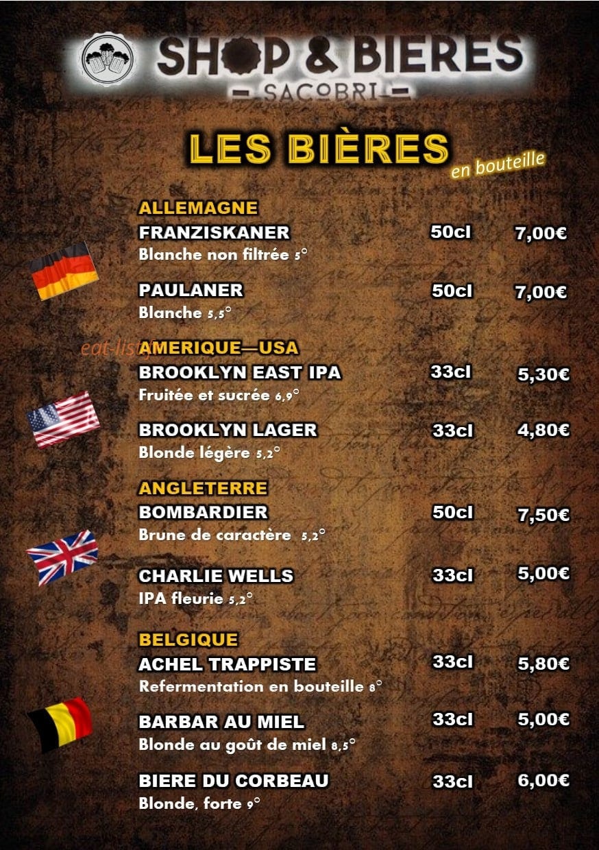 Carte et menu de Shop & Bières Sacobri à Chalons en Champagne — Les bières page 7
