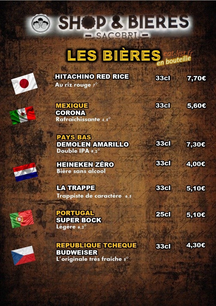Carte et menu de Shop & Bières Sacobri à Chalons en Champagne — Les bières