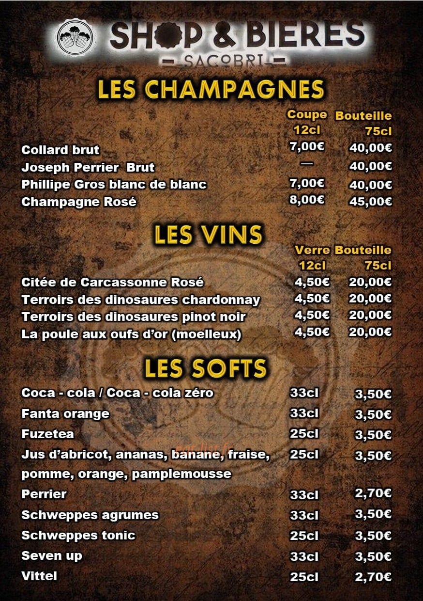 Carte et menu de Shop & Bières Sacobri à Chalons en Champagne — Les champagnes, vins et softs