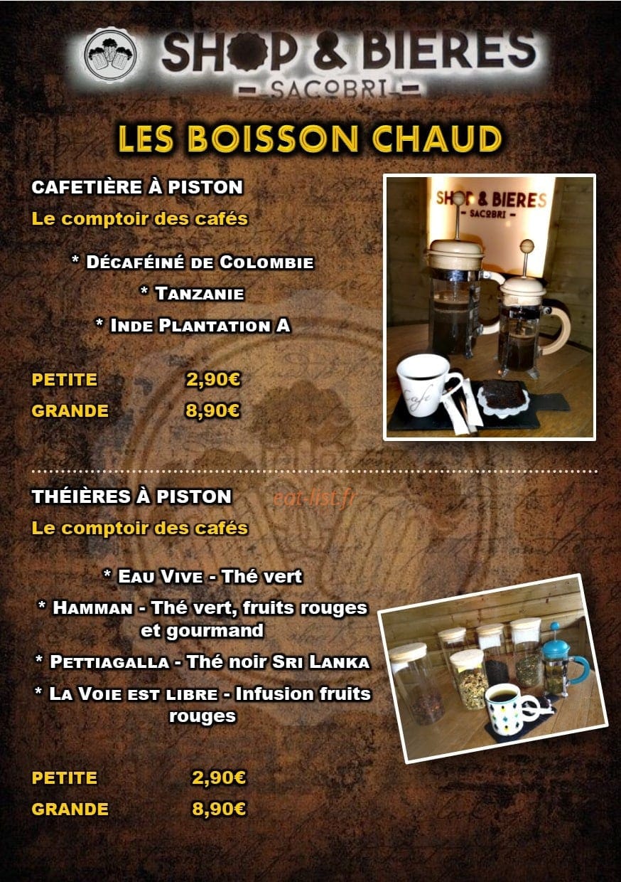 Carte et menu de Shop & Bières Sacobri à Chalons en Champagne — Les boissons chaud