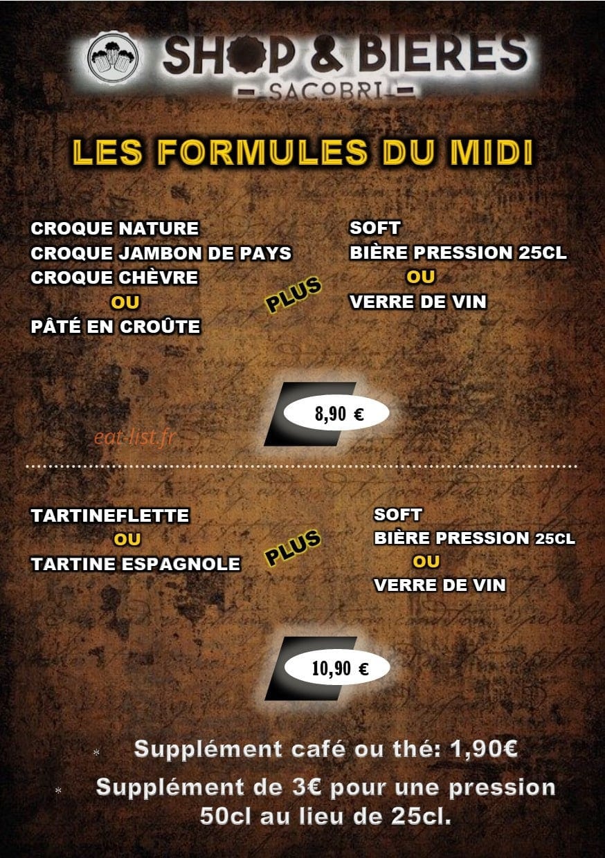 Carte et menu de Shop & Bières Sacobri à Chalons en Champagne — Les formules du midi