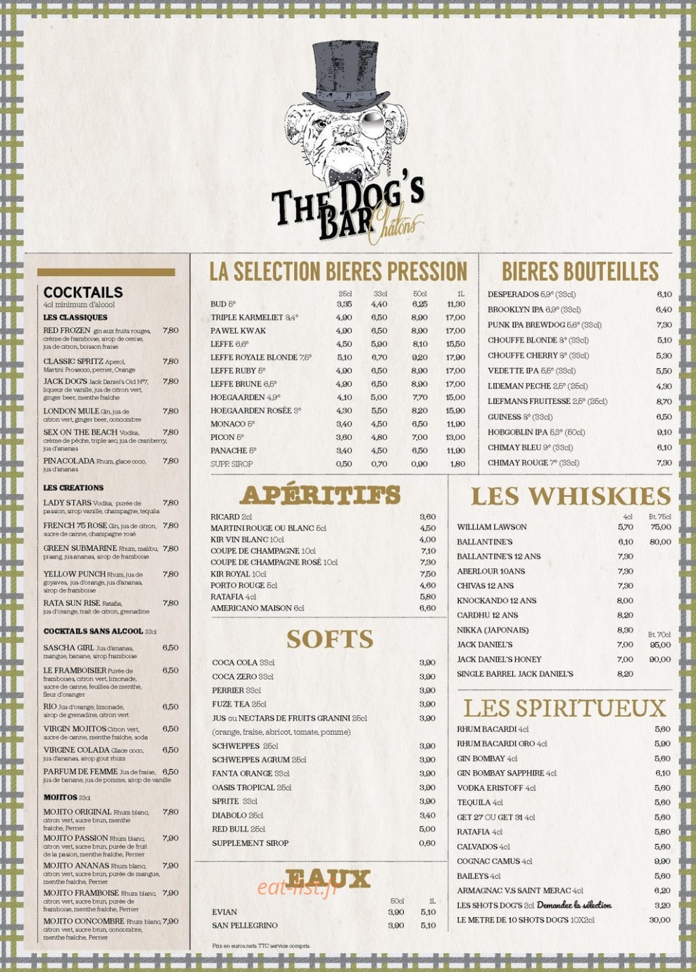 Carte et menu de The Dog's Bar à Chalons en Champagne — Les cocktails, bières, ...