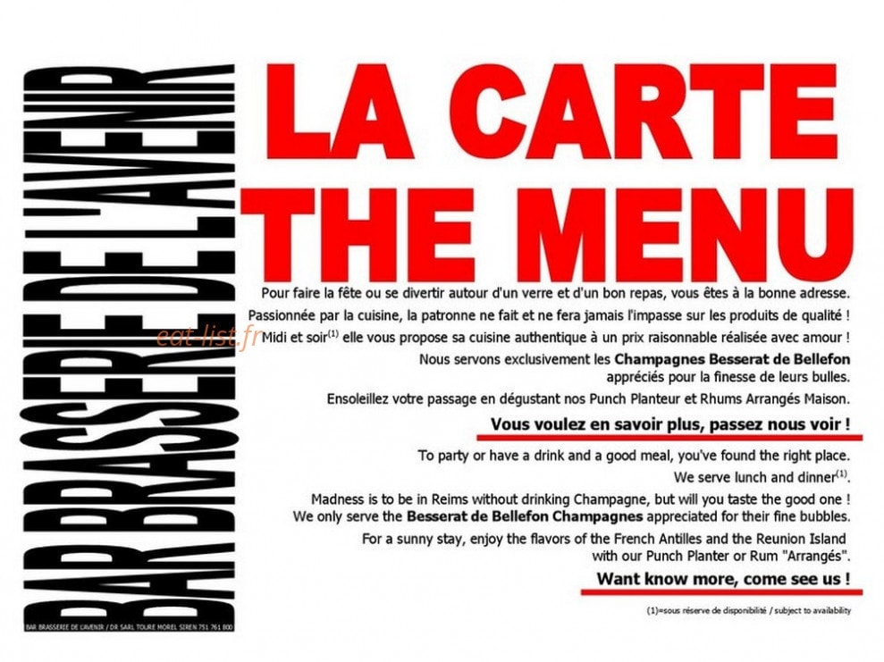 Bar Brasserie De L'Avenir — carte page 1