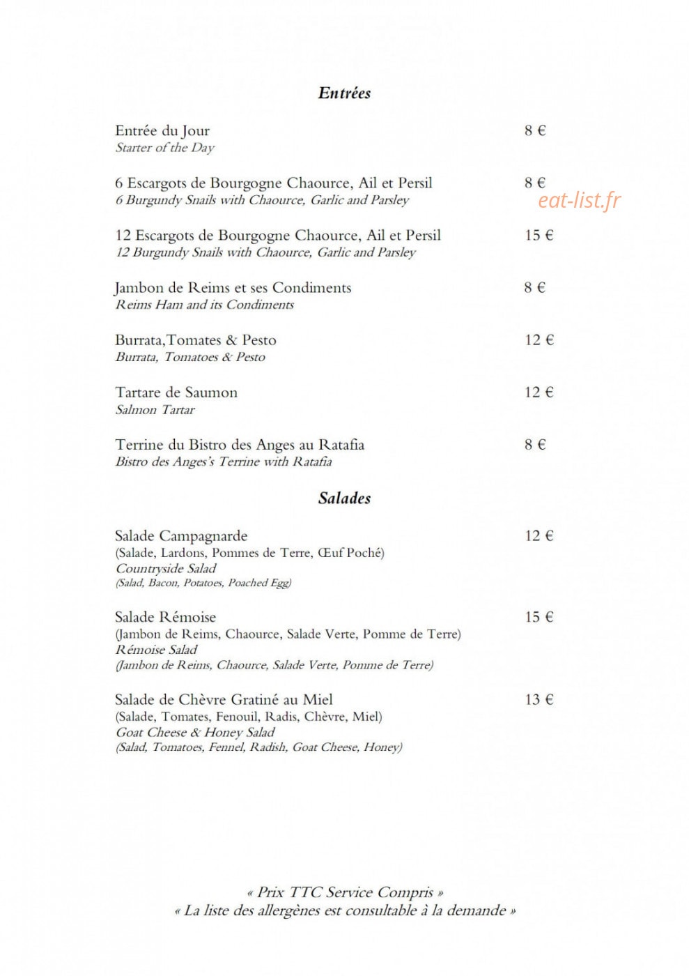 Bistro des anges — carte page 1