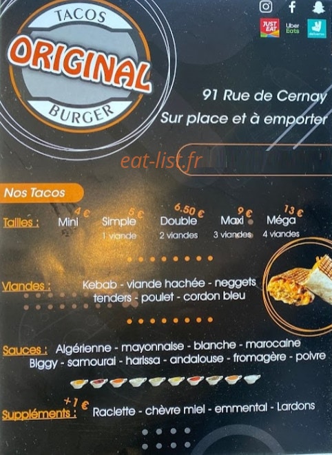 Original tacos & burger — carte page 1