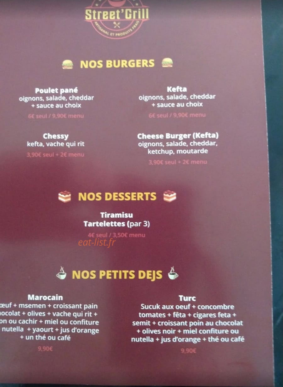 Street Grill — carte page 1
