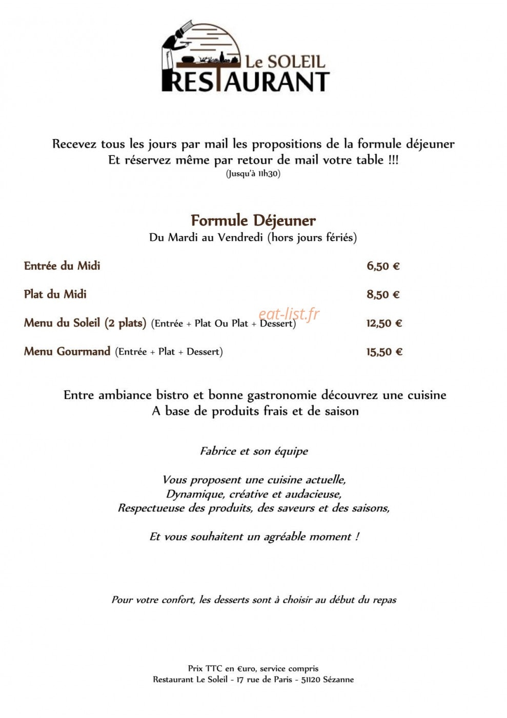 Resto Le Soleil — carte page 1