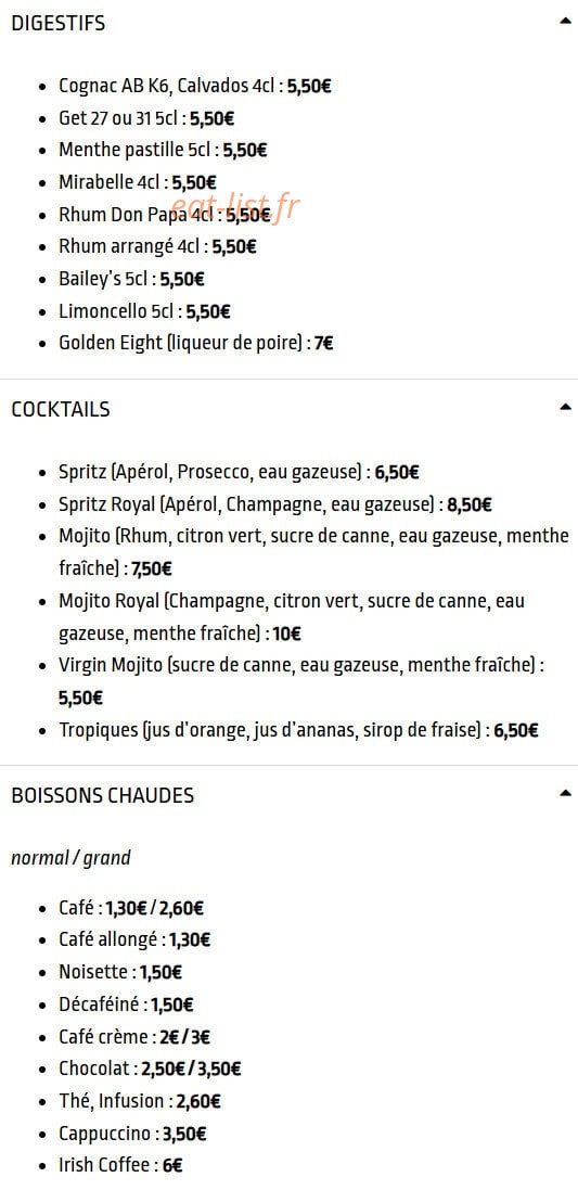 Carte et menu de L'auberge de champagne à Villeneuve Renneville Che — Les digestifs, cocktails, ...