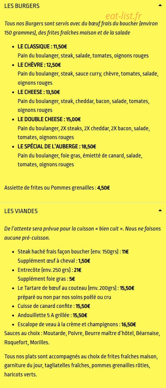 Carte et menu de L'auberge de champagne à Villeneuve Renneville Che — Les burgers et viandes