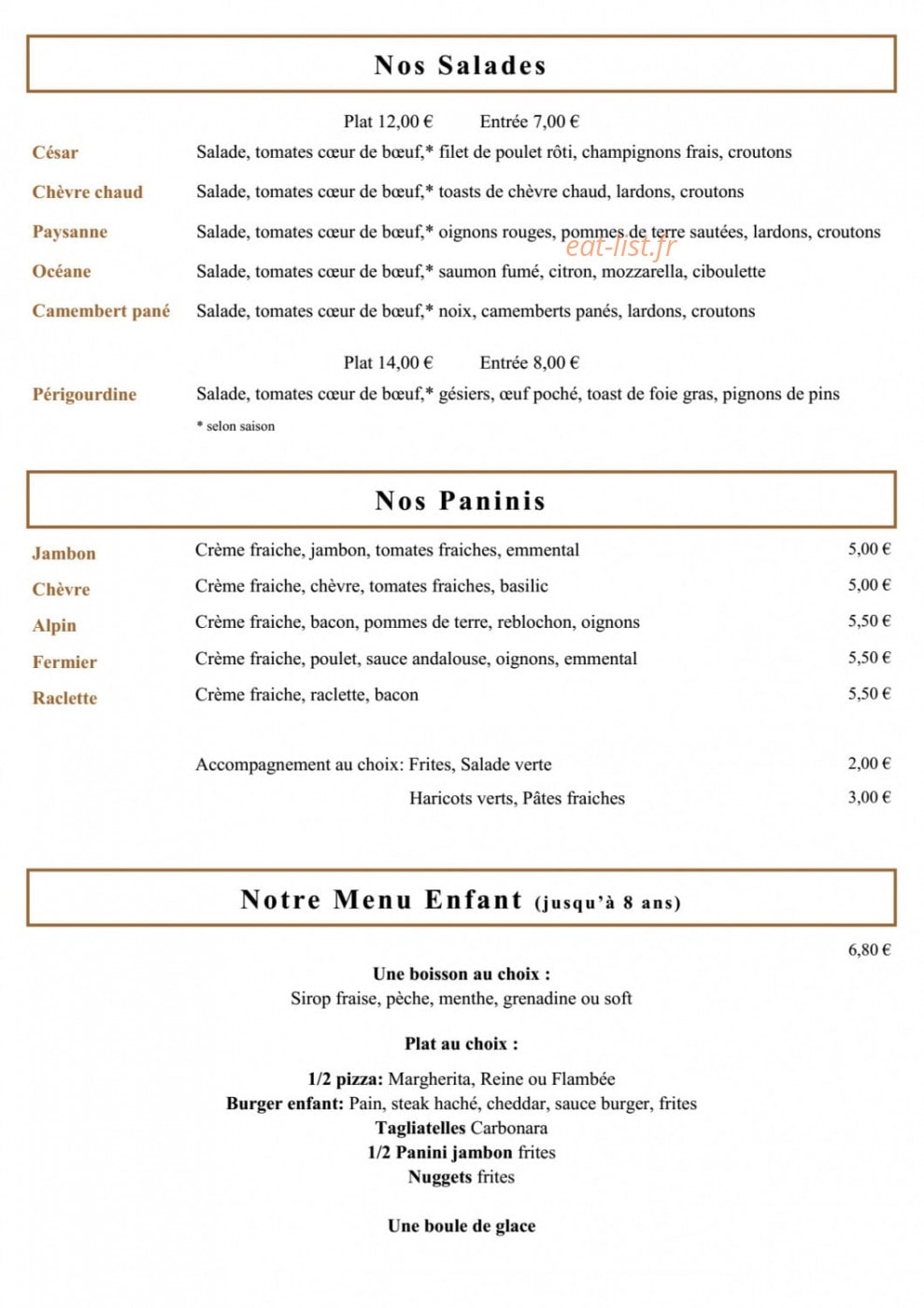 Carte et menu de La Billetterie à Ville en Tardenois — Les salades, paninis et menu enfant