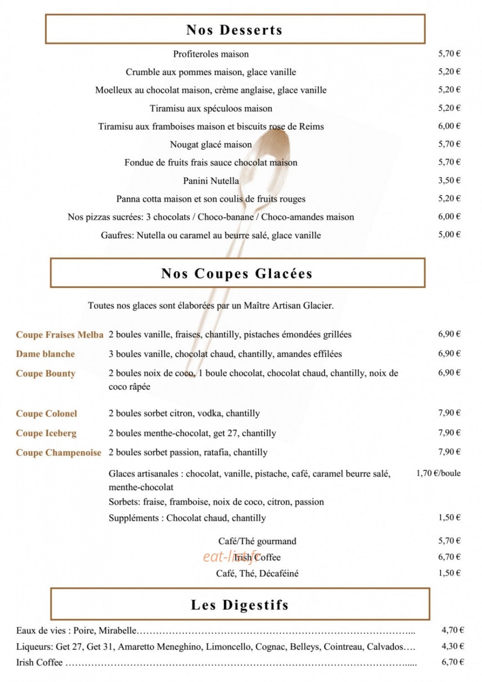 Carte et menu de La Billetterie à Ville en Tardenois — les desserts, coupes glaces