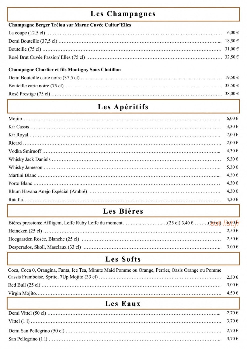 Carte et menu de La Billetterie à Ville en Tardenois — les champagnes, apéritifs, bières et softs,...