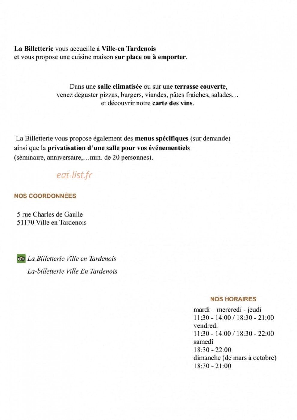 Carte et menu de La Billetterie à Ville en Tardenois — Les informations