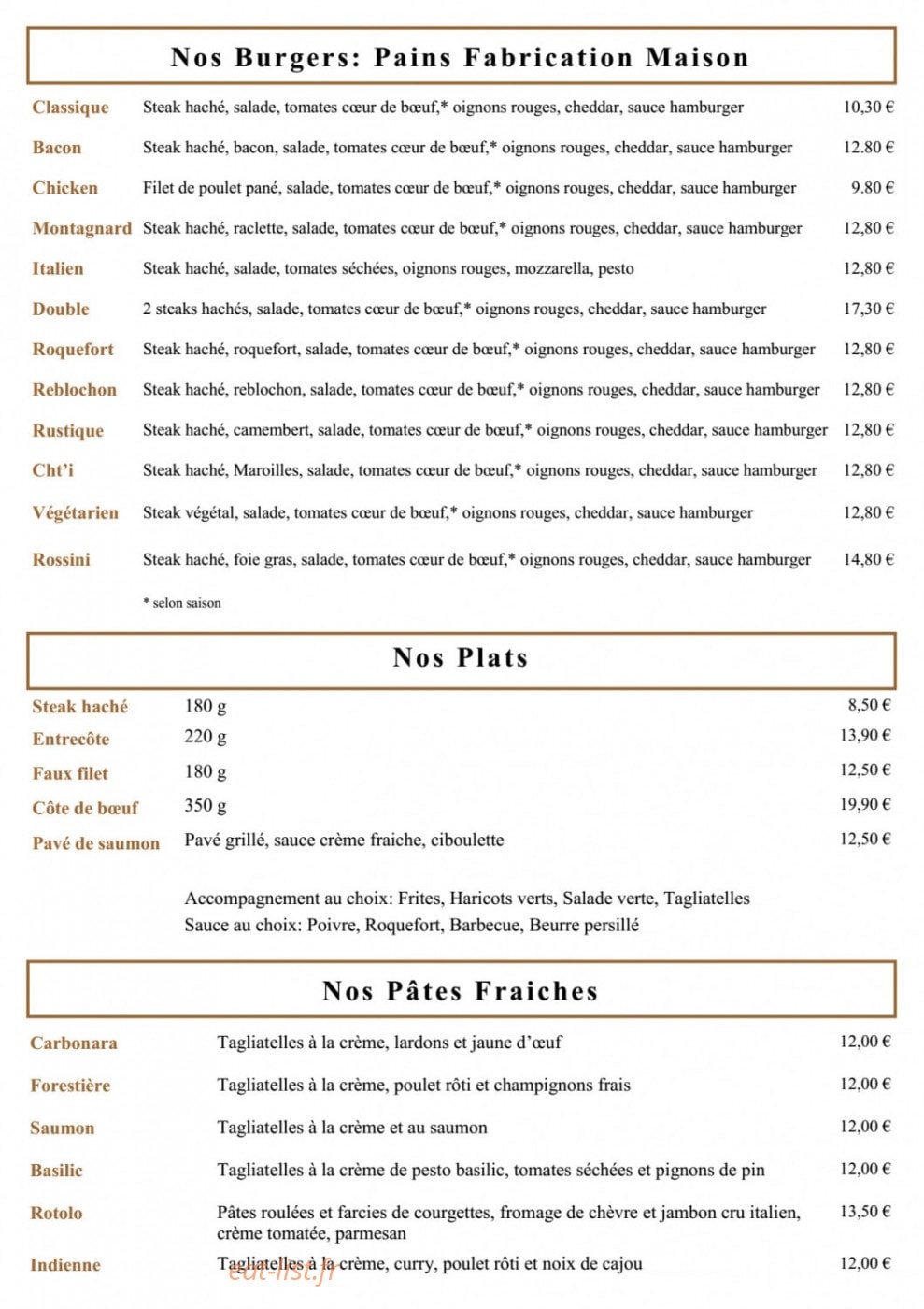 Carte et menu de La Billetterie à Ville en Tardenois — les burgers, plats et pates