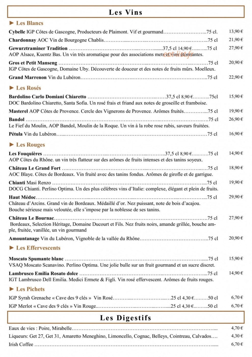 Carte et menu de La Billetterie à Ville en Tardenois — Les vins et digestifs