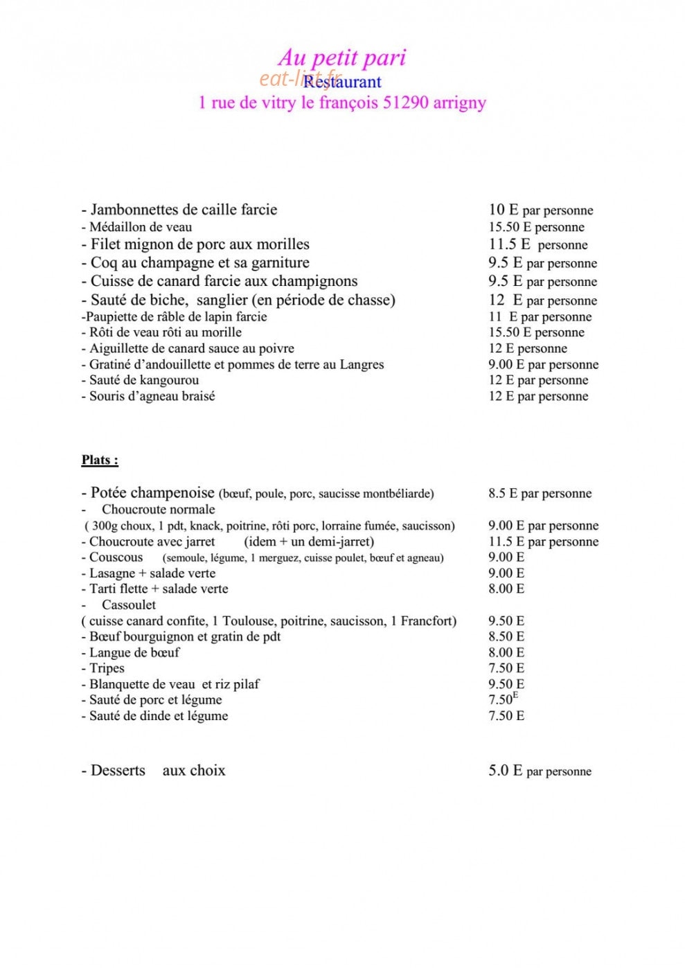 Au petit pari — carte page 18