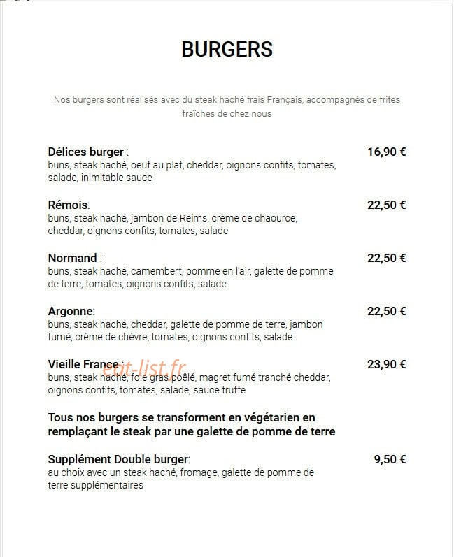 Carte et menu de Aux Délices Des Papilles à Cormontreuil — Les burgers