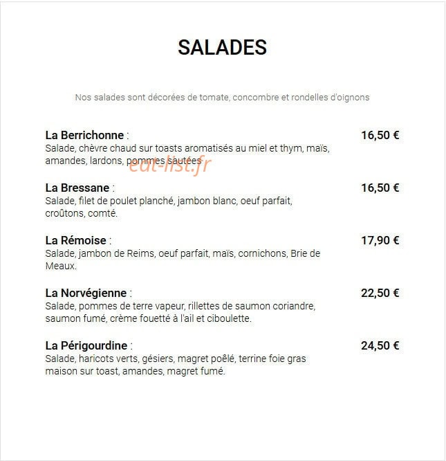 Carte et menu de Aux Délices Des Papilles à Cormontreuil — Les salades