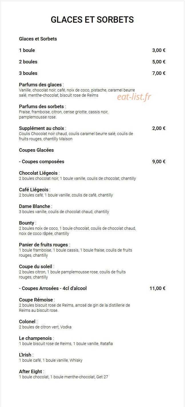Carte et menu de Aux Délices Des Papilles à Cormontreuil — Les glaces et sorbets