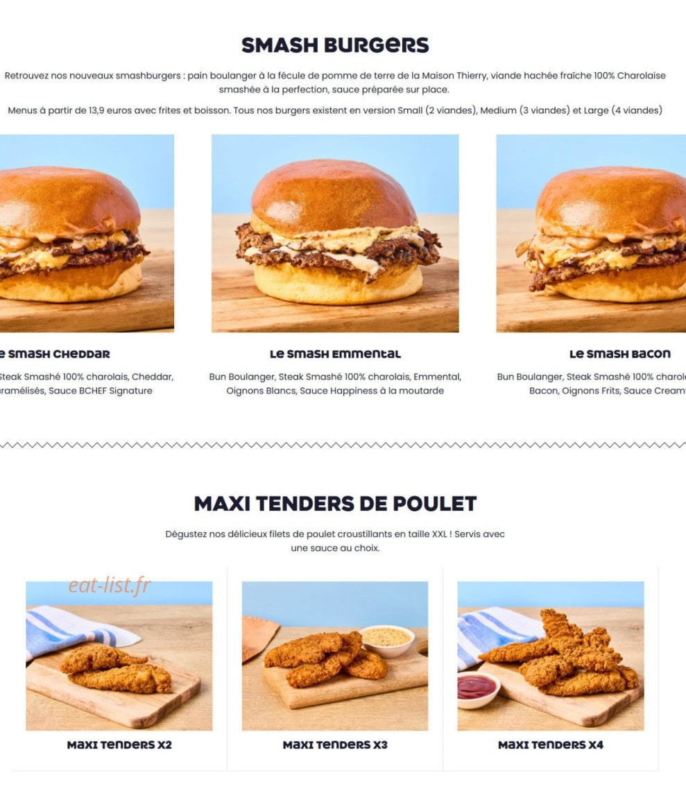 Carte et menu de B Chef à Cormontreuil — Smash burger, maxi tender poulet