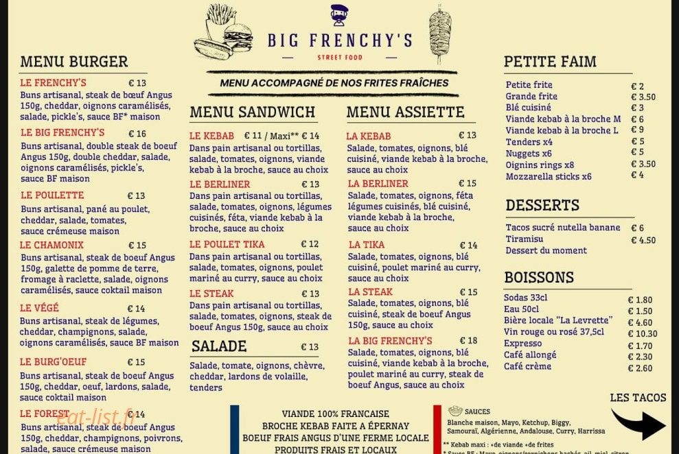 Big Frenchy’s — carte page 1