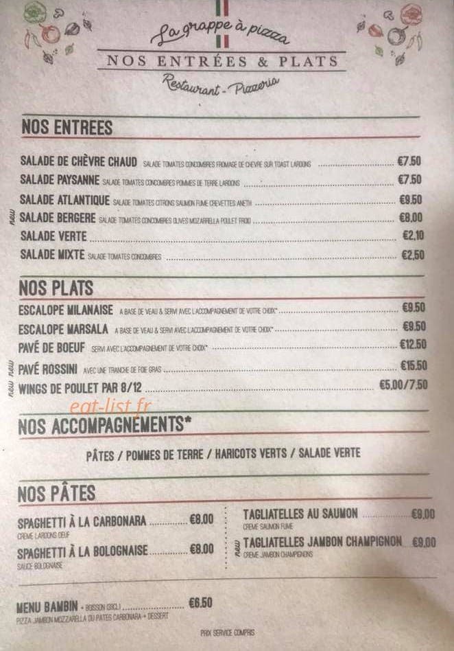 La Grappe à Pizza — carte page 1