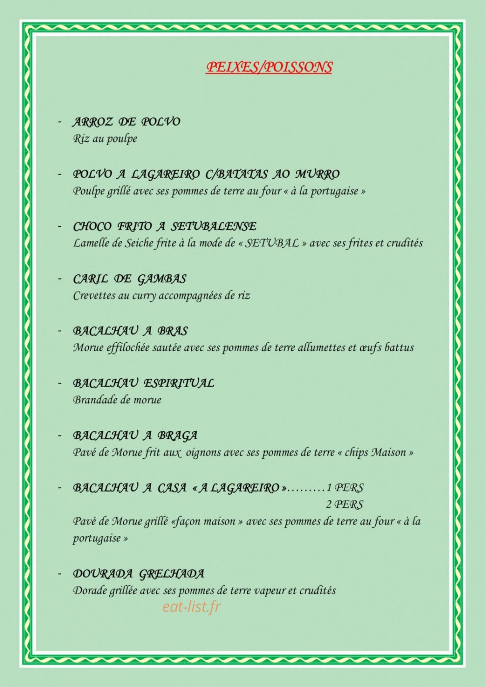 Carte et menu de Delicias De Portugal à Champigny — Les poissons