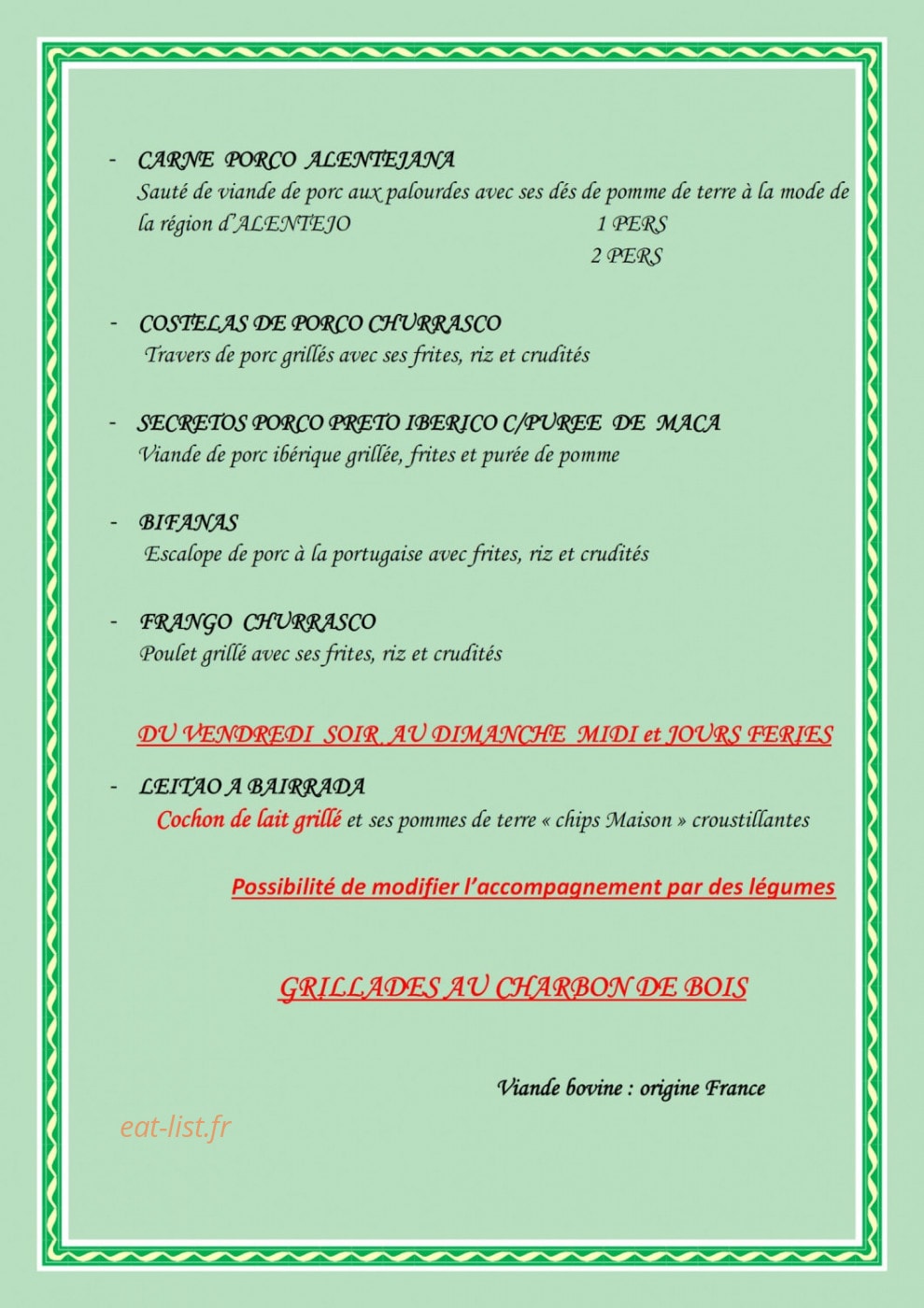 Carte et menu de Delicias De Portugal à Champigny — Les viandes (suite)