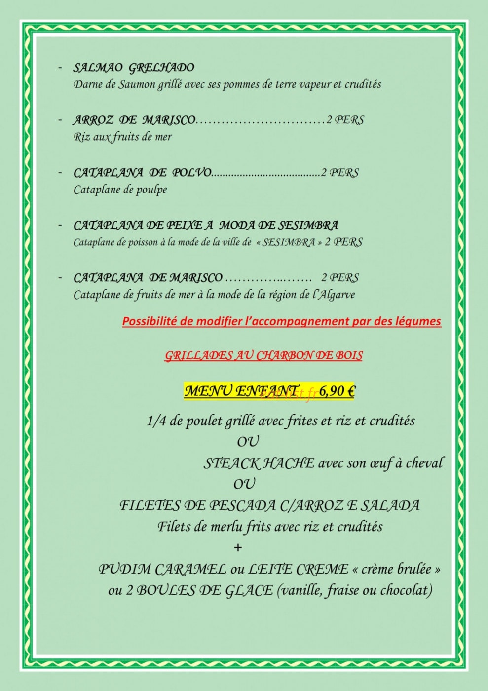 Carte et menu de Delicias De Portugal à Champigny — Les salmao grelhado, menu enfant, ...