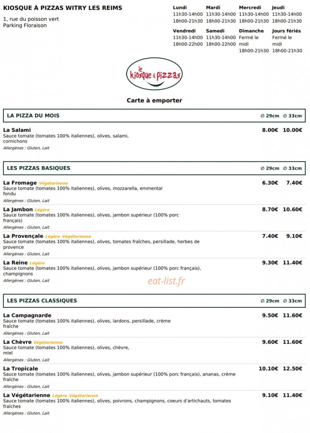 Le Kiosque à Pizzas — carte page 1