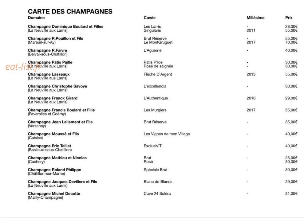Carte et menu de Bistr'O Larris à La Neuville Aux Larris — Carte des champagnes