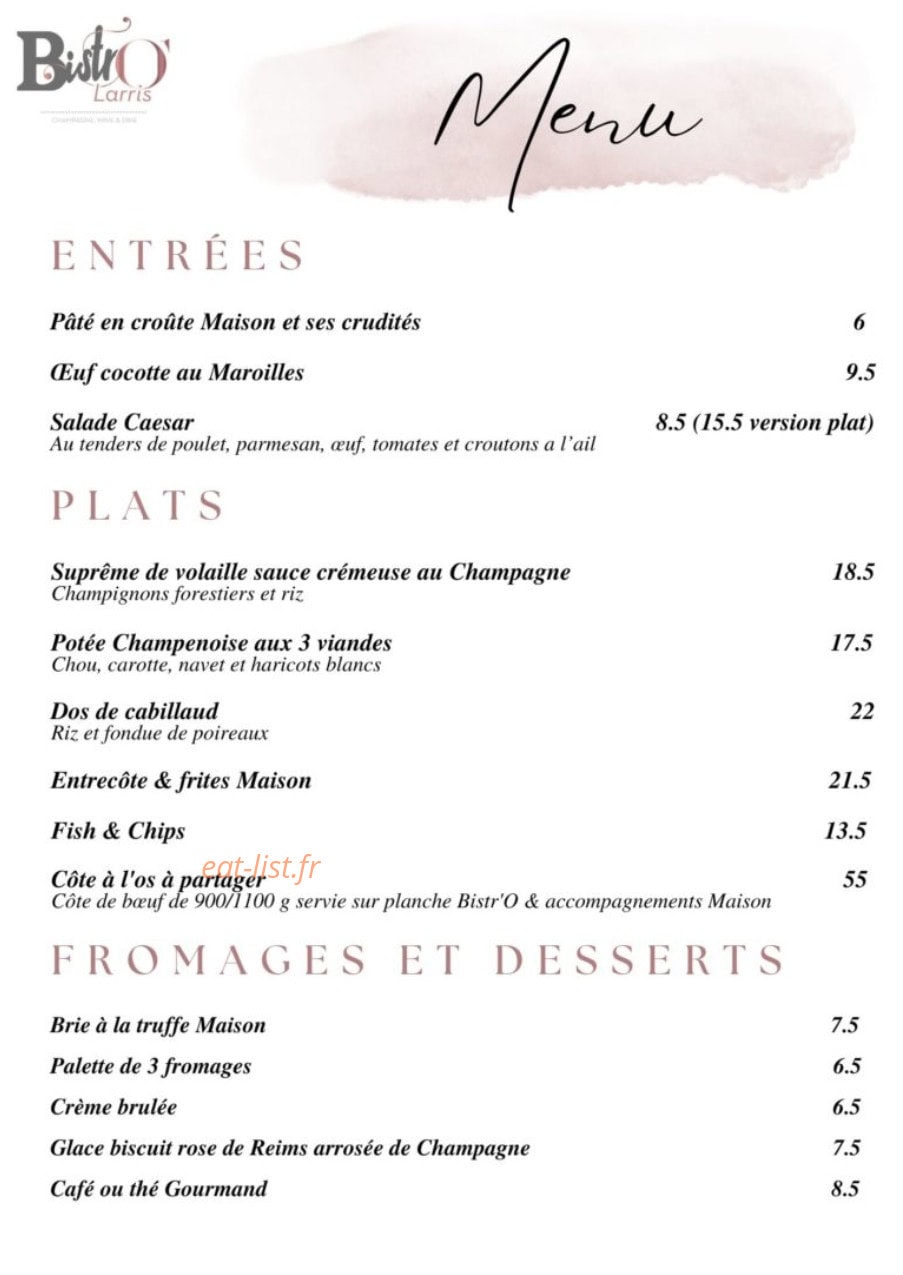 Carte et menu de Bistr'O Larris à La Neuville Aux Larris — Les menus