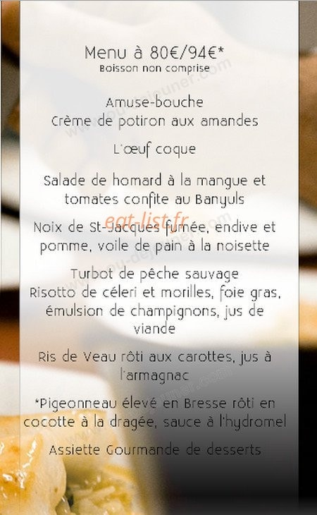 Carte et menu de Auberge du Grand Cerf à Villers Allerand — Le menu à 80€/94€