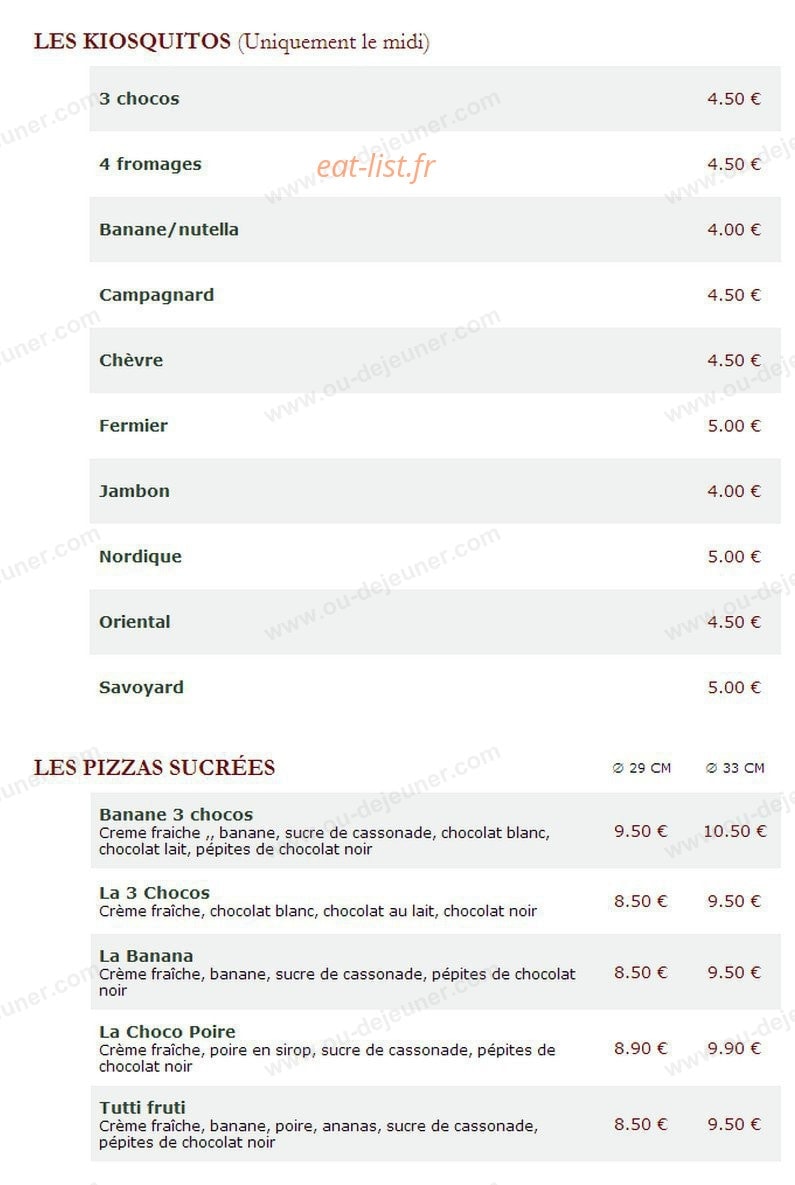 Le Kiosque à Pizzas — carte page 1