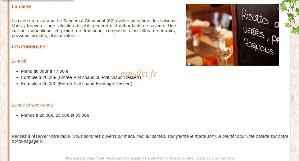 Bistrot la Tandem — carte page 1