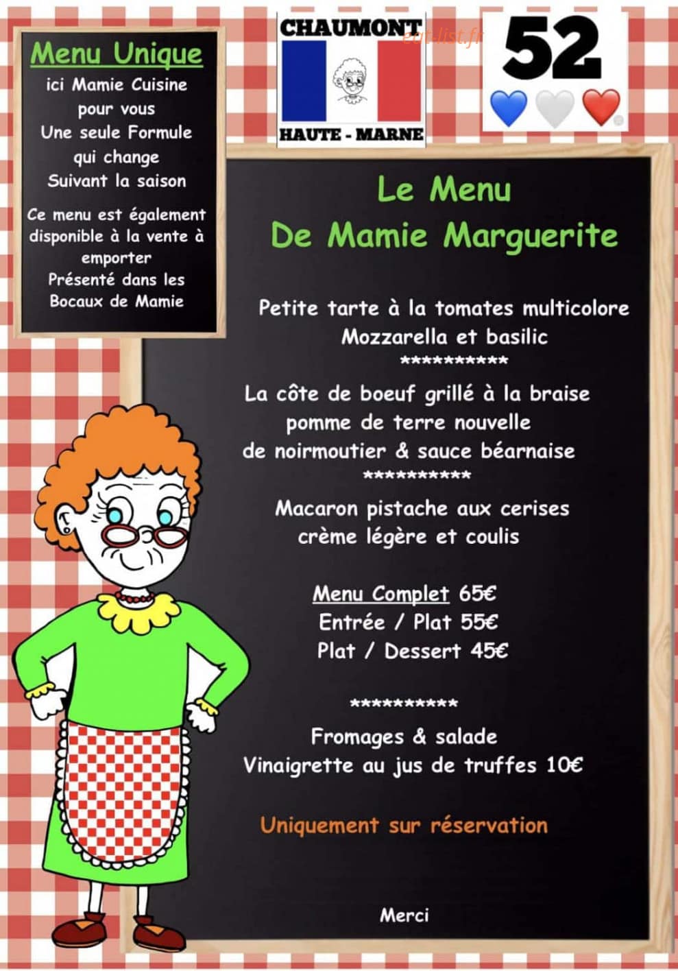 Carte et menu de L'Auberge De Mamie Marguerite à Chaumont — Le menu