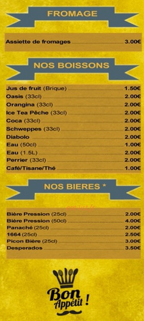 Carte et menu de A la Bonne Frite à Villiers le Sec — Les fromages, boissons et bières