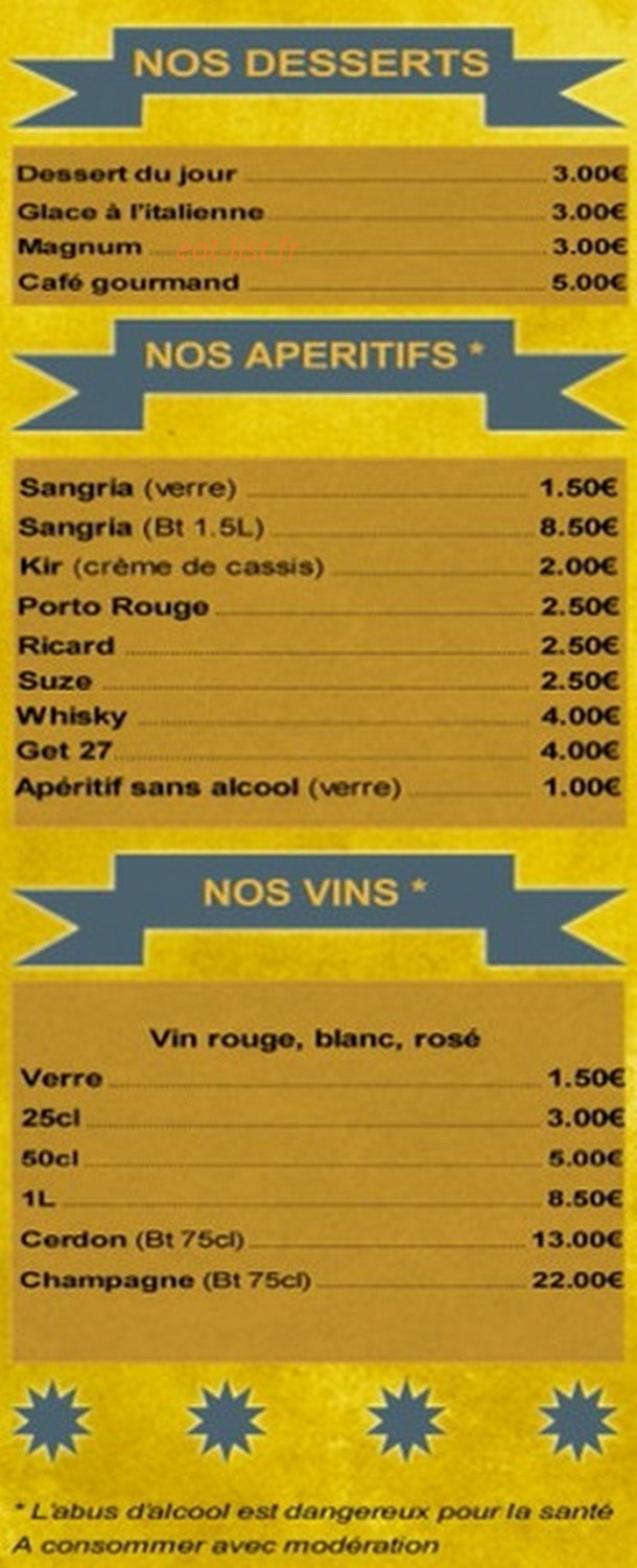 Carte et menu de A la Bonne Frite à Villiers le Sec — Les desserts, apéritifs et vins
