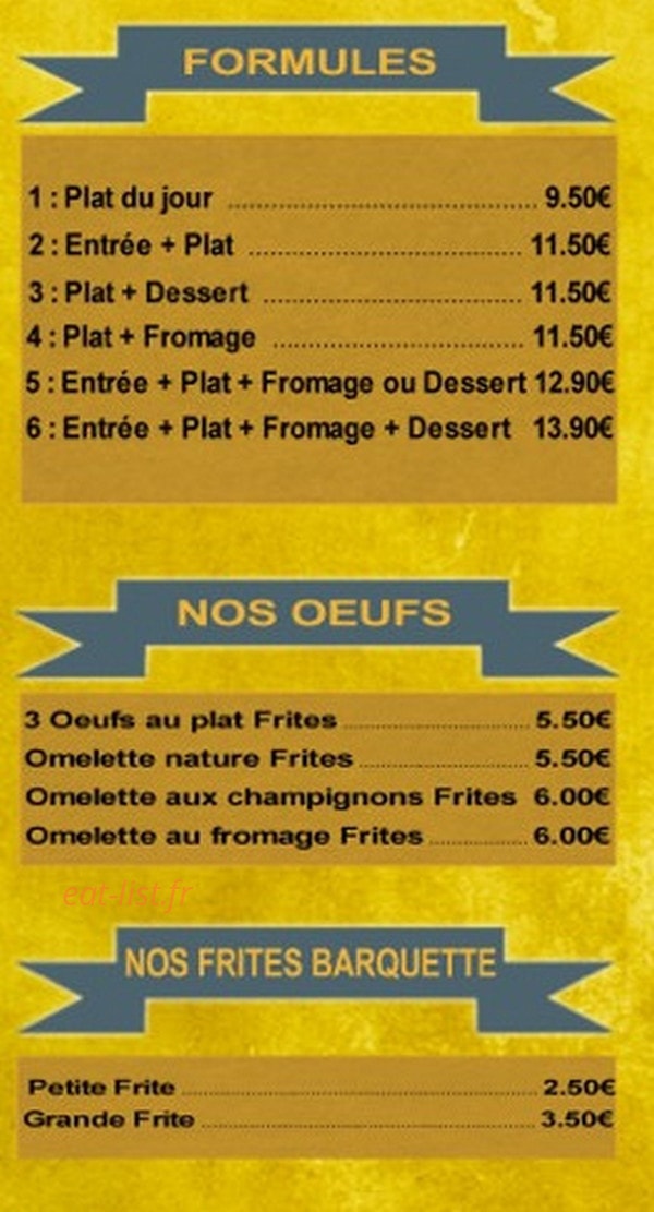 Carte et menu de A la Bonne Frite à Villiers le Sec — Les œufs, formules et frites