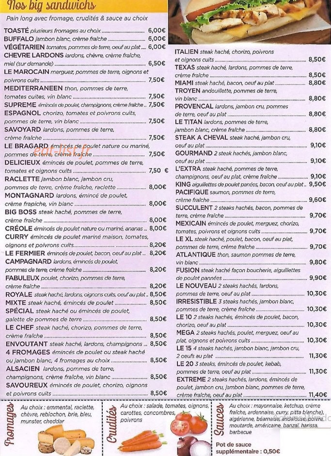 Carte et menu de L'Irrésistible à Saint Dizier — Sandwiches...