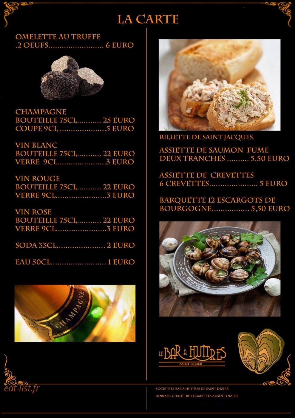 Carte et menu de Le Bar à Huitres à Saint Dizier — Boissons et plats