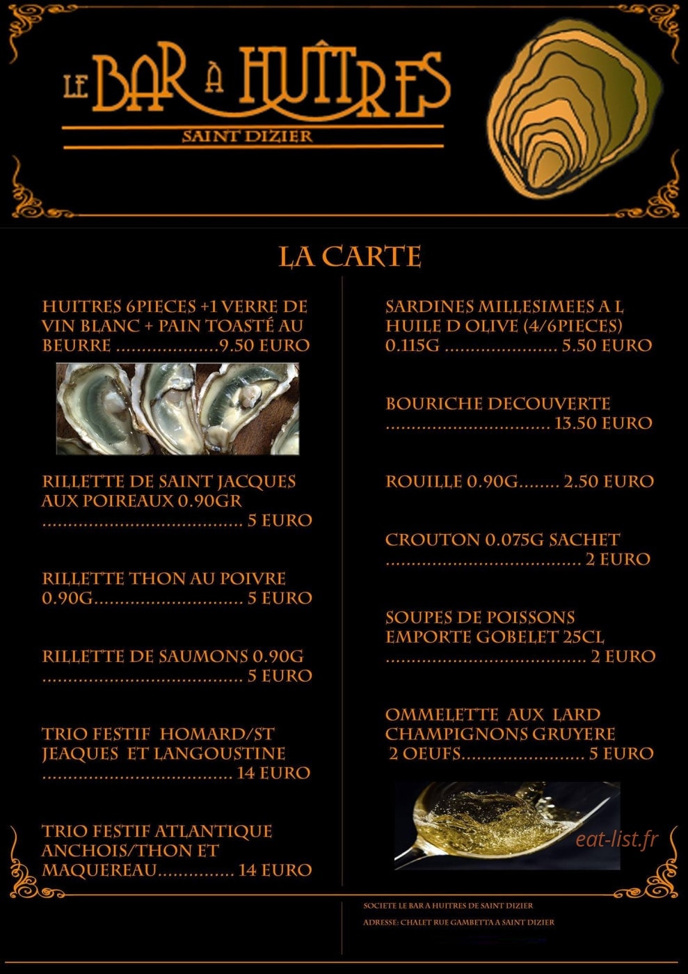 Carte et menu de Le Bar à Huitres à Saint Dizier — Huîtres
