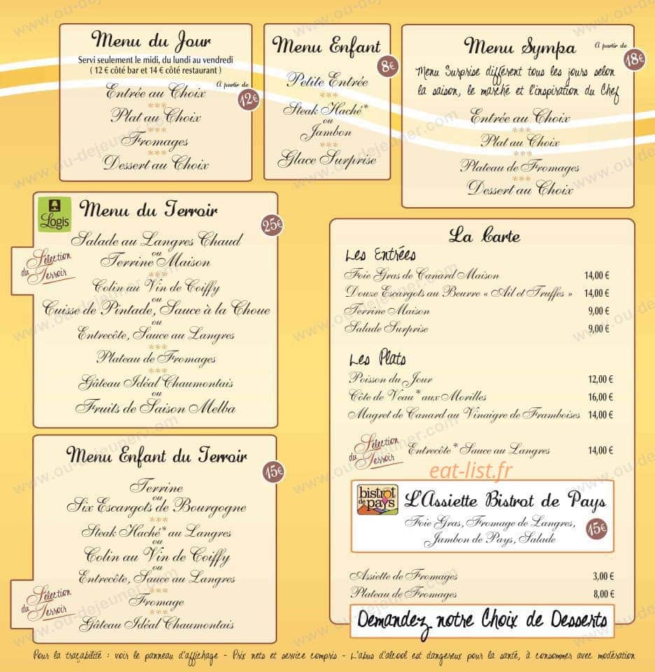 Carte et menu de Auberge de la Fontaine à Villiers sur Suize — Les menus
