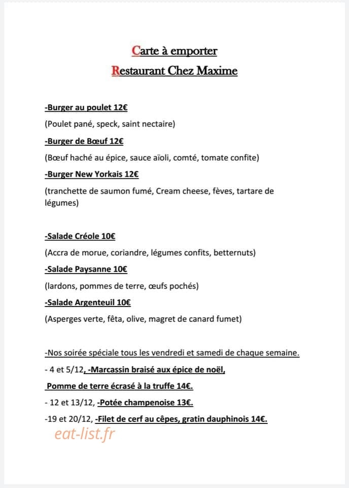 Restaurant Chez Maxime — carte page 1