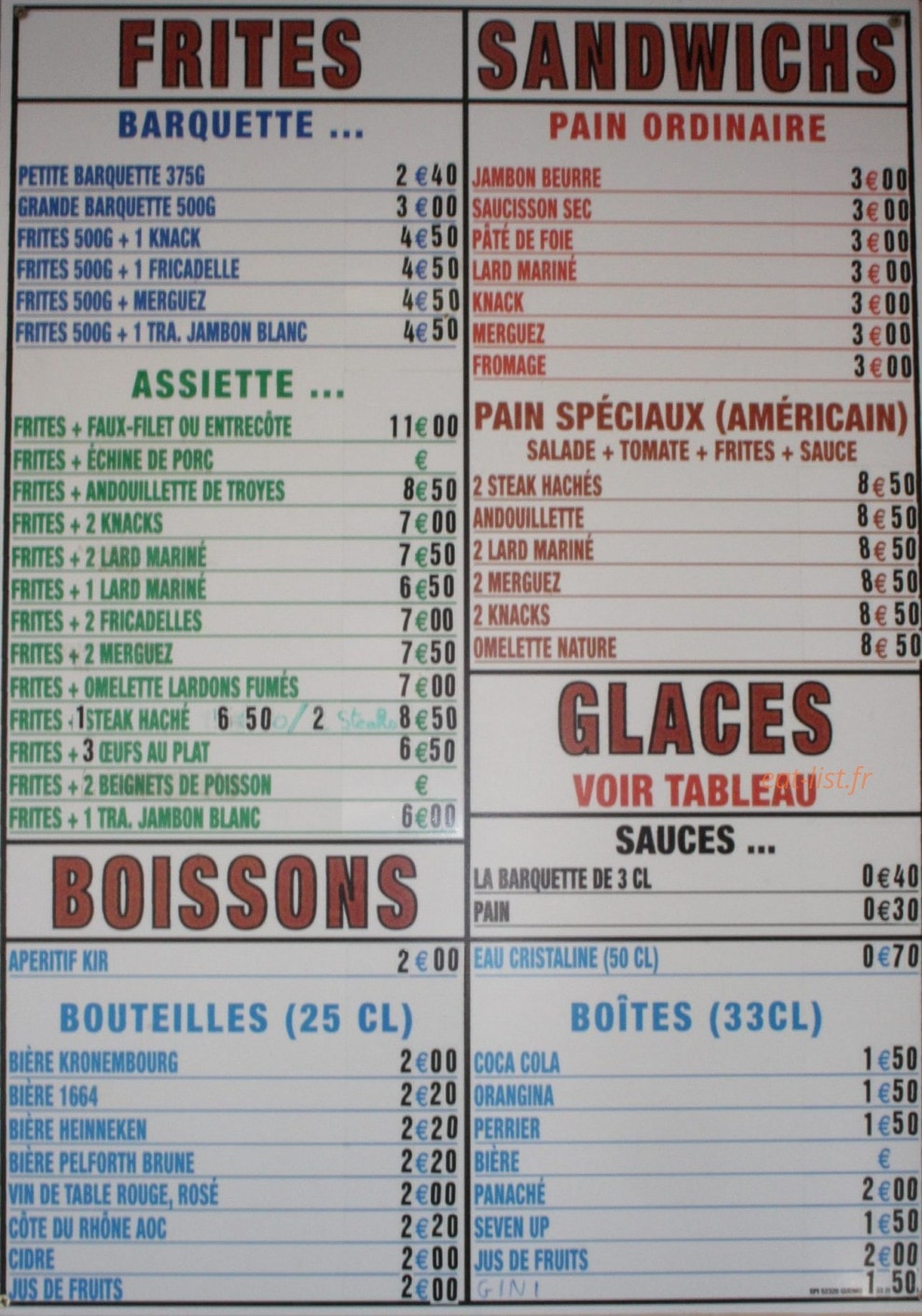 Carte et menu de Retour de Flamme à Roches sur Marne — Les frites, sandwiches, glaces et boissons