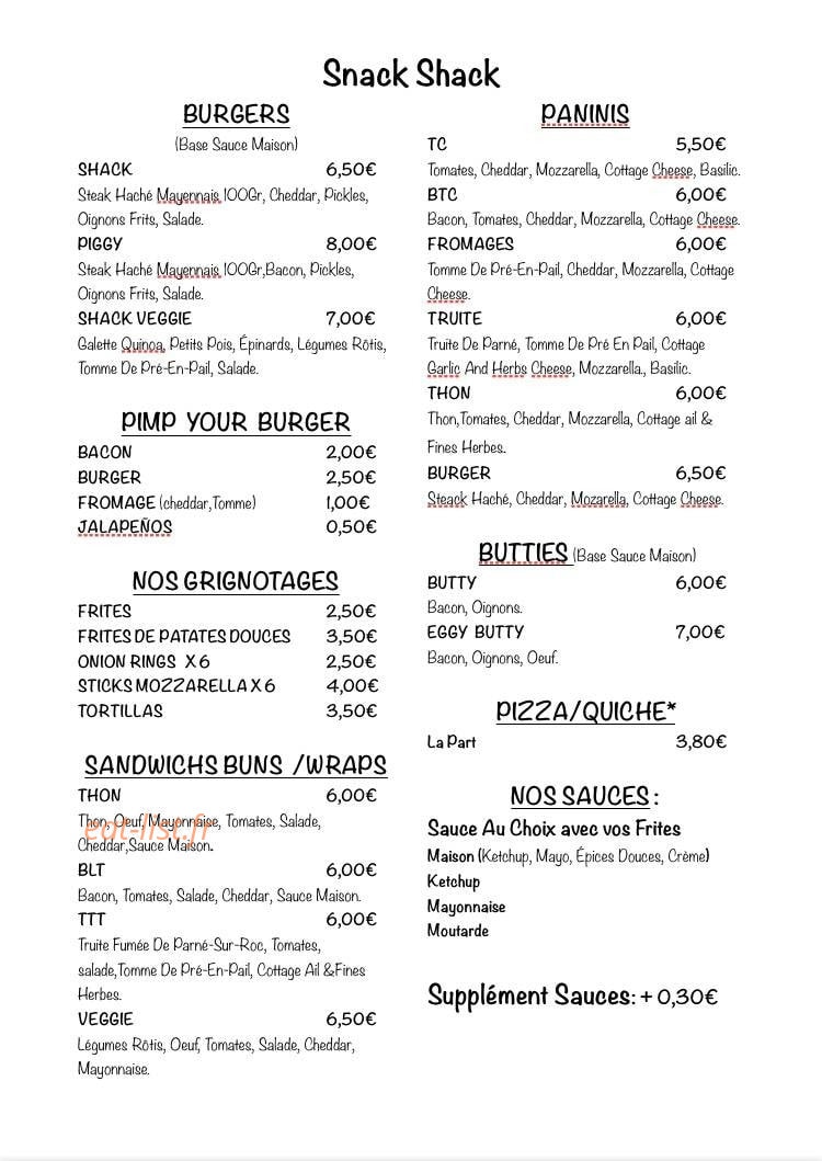 Snack Shack — carte page 1