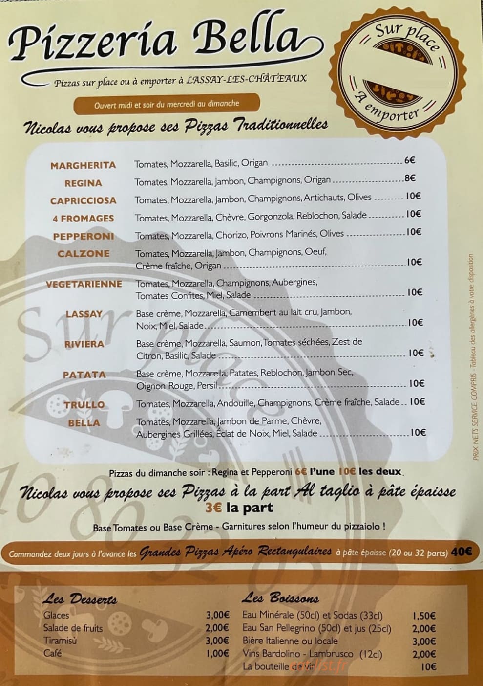Pizzeria Bella — carte page 1