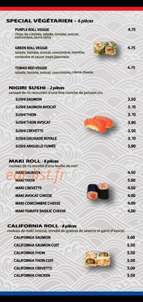Carte et menu de Hattori Sushi à Château-Gontier-sur-Mayenne  — Les plats végétariens, nigiri sushi, maki roll et california roll