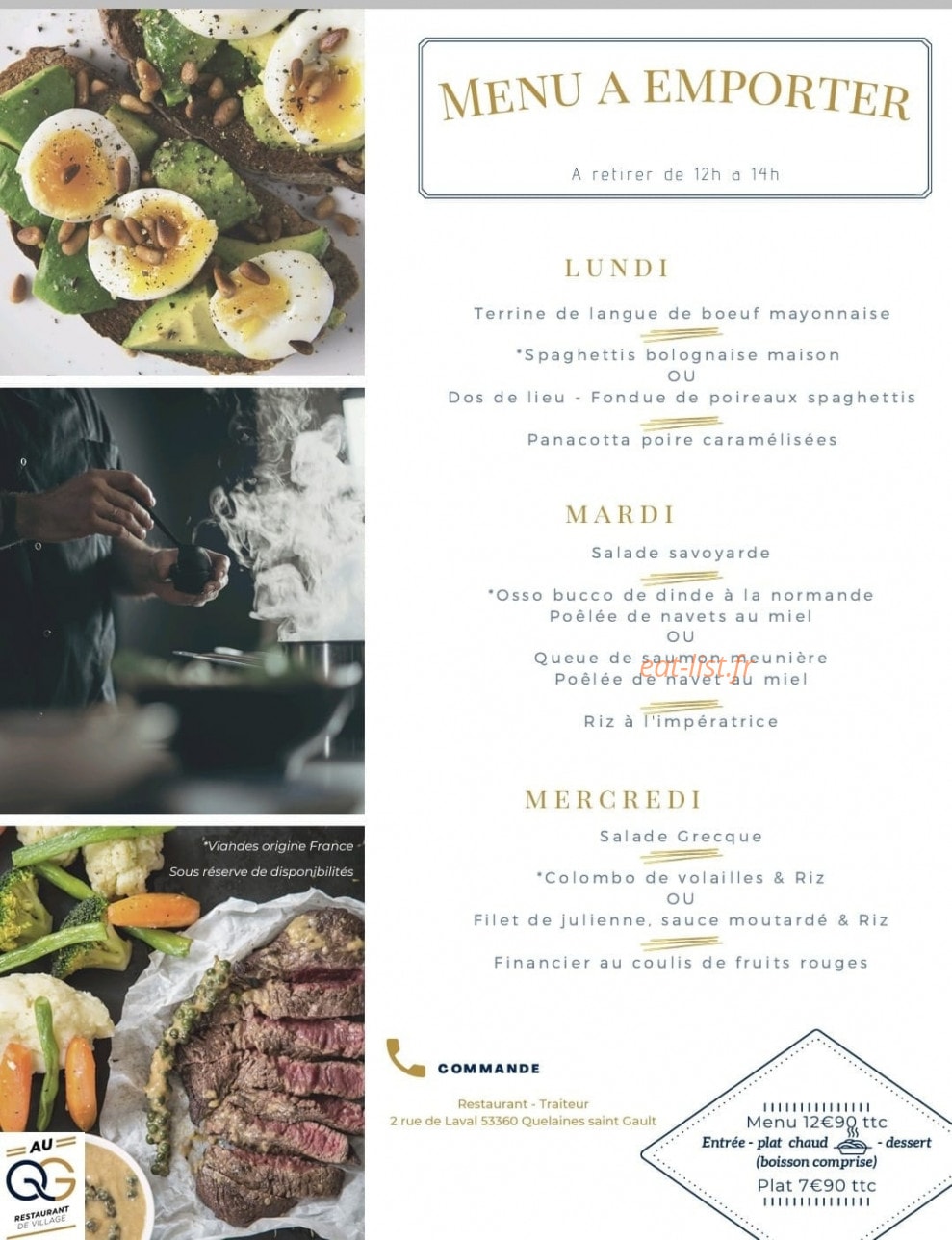 Carte et menu de Au QG Restaurant de Village à Quelaines Saint Gault — Un exemple de menu de la semaine